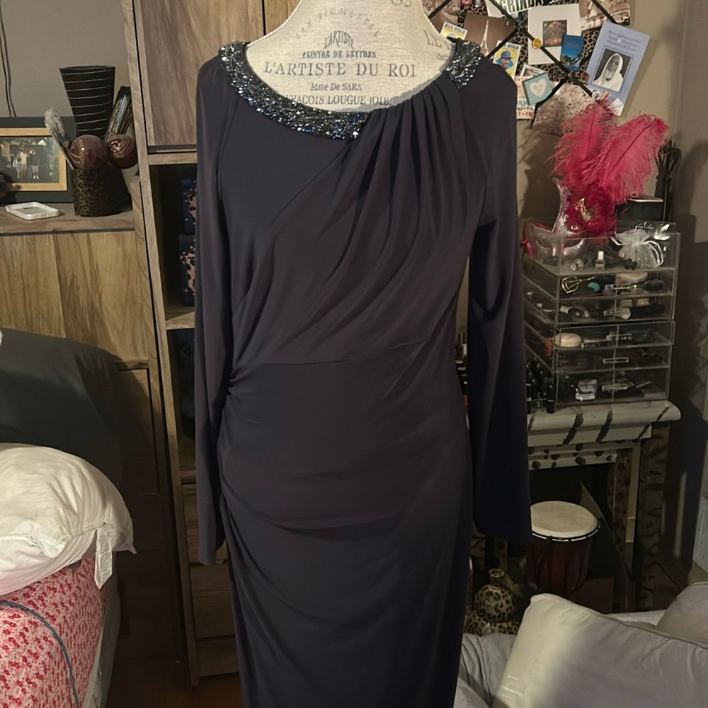 Ralph Lauren Purple Beaded Collar Long Sleeve Formal Dress - 12